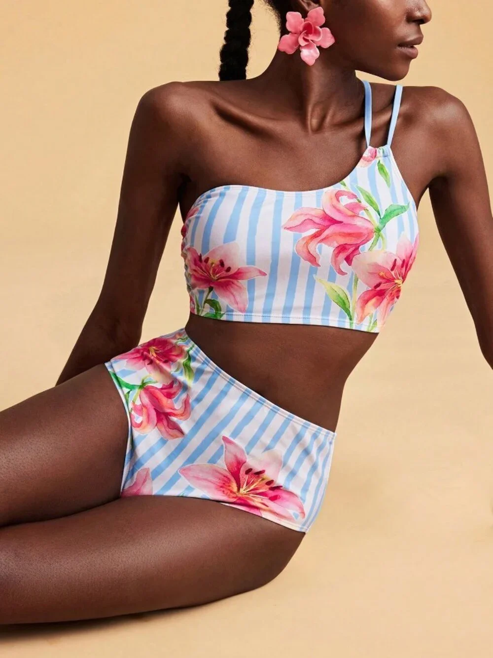 Multicolor Casual Floral Striped Women's bikini Set